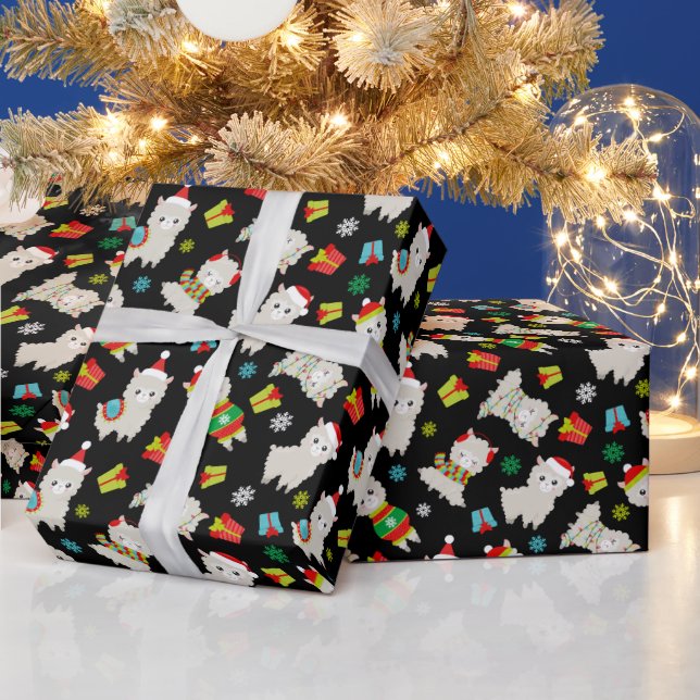 Papier Cadeau Llamas Festive de Noël en noir (Vacances)
