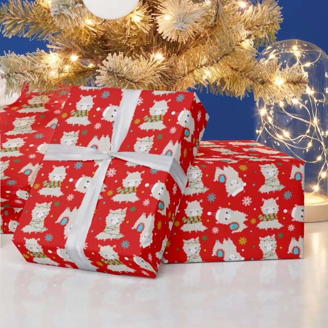 Papier Cadeau Llamas Festive de Noël en rouge (Vacances)
