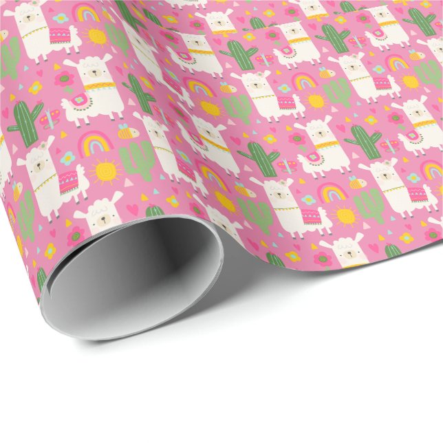 Papier Cadeau Llamas Rainbows Green Cactus Light Girl Rose migno (Coin rond)