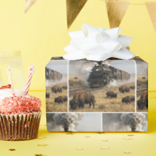 Papier Cadeau Locomotive à vapeur avec des bisons qui paissent