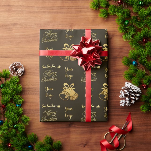 Papier Cadeau Logo Brown Gold Chic Christmas Bell Retail Custom (Cadeau de vacances)