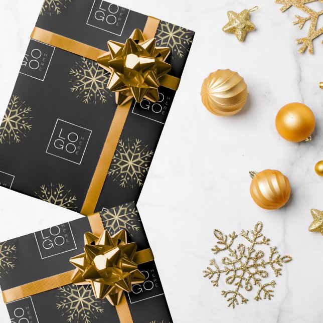 Papier Cadeau Logo d'affaires personnalisé Black & Gold Snowflak (Créateur téléchargé)