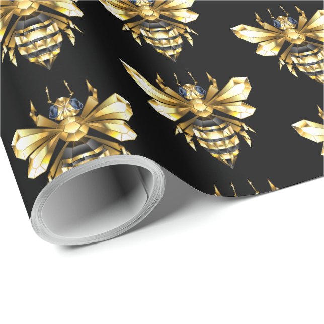 Papier Cadeau Logo Faux Gold Foil Bee Polygonal sur Noir (Coin rond)