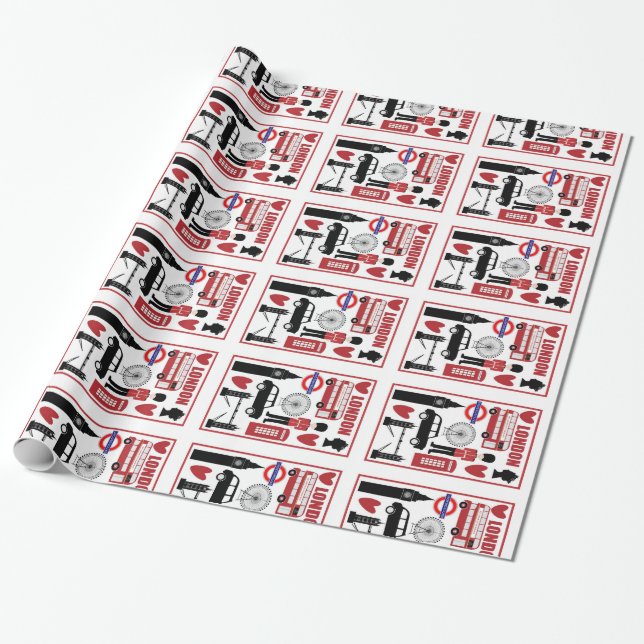 Papier Cadeau Londres Royaume-Uni Icônes Cadeau, Rouge, Noir, Un (Déroulé)