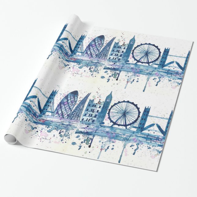 Papier Cadeau Londres skyline Angleterre bleu moderne aquarelle (Déroulé)