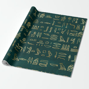 Papier Cadeau L'or métallique Hiéroglyphes égyptiens sur le vert