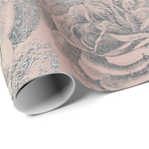 Papier Cadeau L'or rose floral de gris argenté de roses