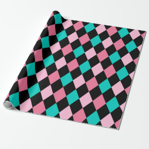 Papier Cadeau Losanges Arc-en-ciel Pastel Noir Rose Bleu Arlequi