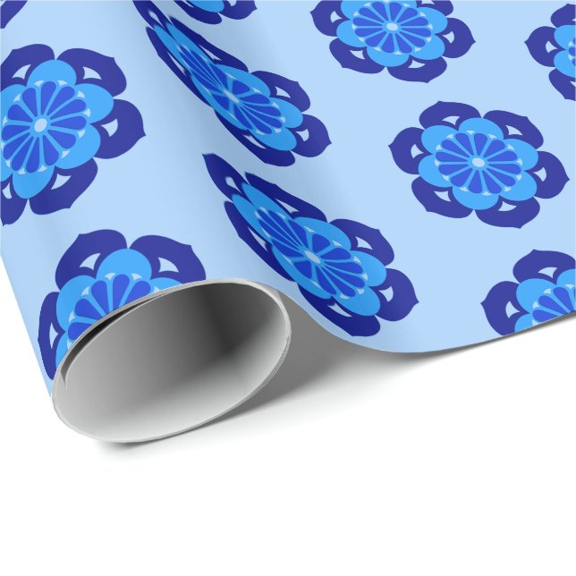 Papier Cadeau Lotus Flower Mandala, Indigo et bleu clair (Coin rond)