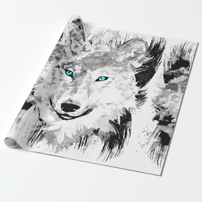 Papier Cadeau Loup | Dessin de loup gris | Papier d'enrobage (Déroulé)