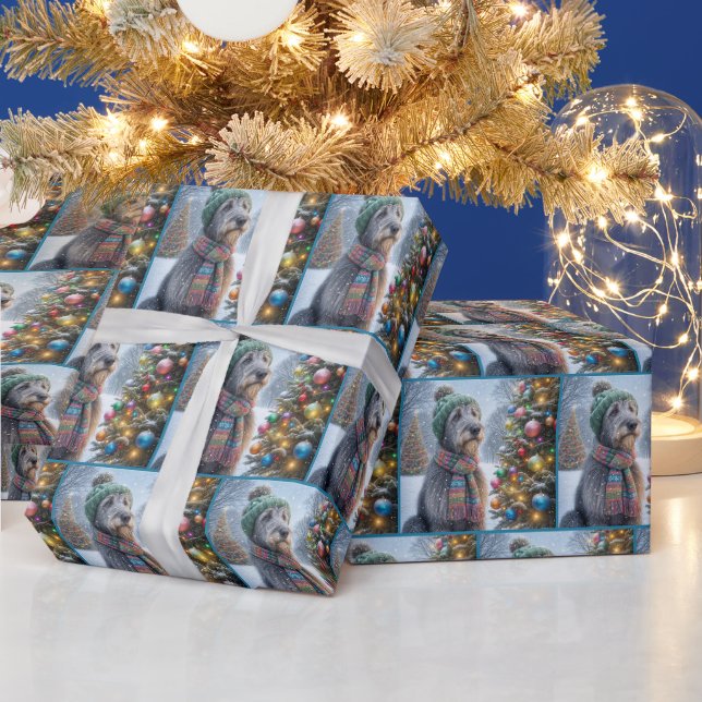 Papier Cadeau Loup irlandais avec arbre de Noël (Vacances)