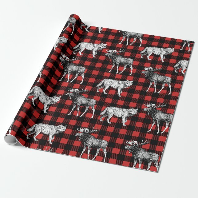Papier Cadeau Loups sauvages rustiques et Plaid de buffles d'ori (Déroulé)