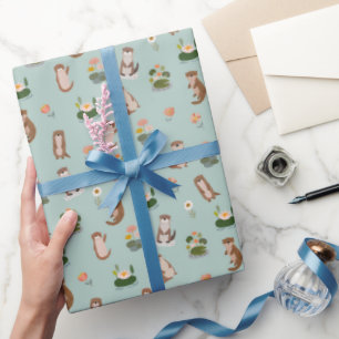 Papier Cadeau Loutres et nénuphars sur fond vert pistache
