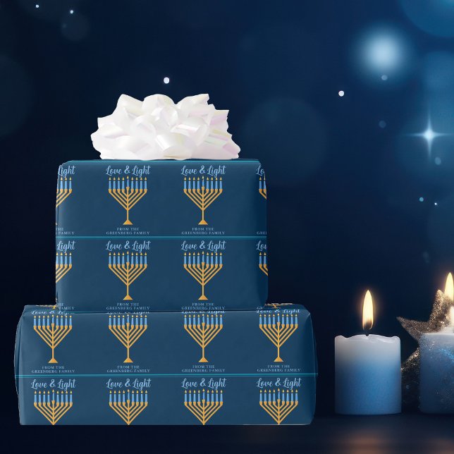 Papier Cadeau Love & Light Blue Gold Menorah Hanoukka Party (Créateur téléchargé)