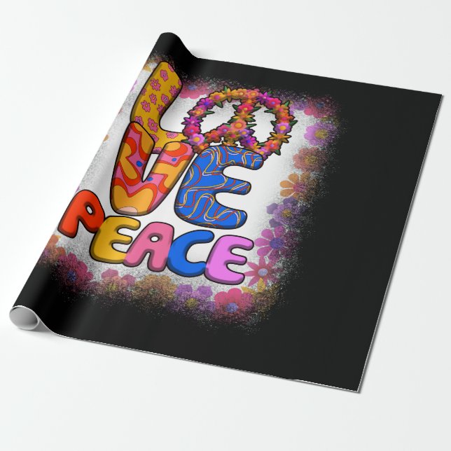 Papier Cadeau Love Peace Retro 60s & les années 70 Floral Hippie (Déroulé)