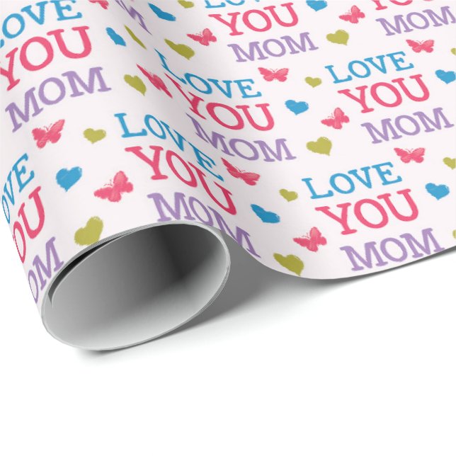 Papier Cadeau Love You Mom Cute Word Motif (Coin rond)
