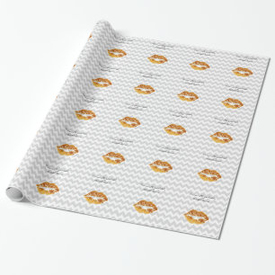 Papier Cadeau Lt Grey Blanc Chevron, Gold Lipstick Kiss