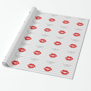 Papier Cadeau Lt Grey Blanc Chevron, Rouge Lipstick Kiss