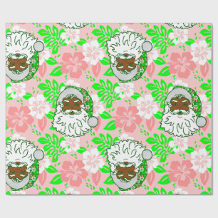 Papier Cadeau luau rose Noël hawaïen noir père Noël hibiscus
