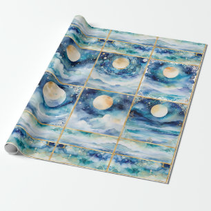 Papier Cadeau Lumière Lune Mystique Étoiles Océan Bleu Mer Décou