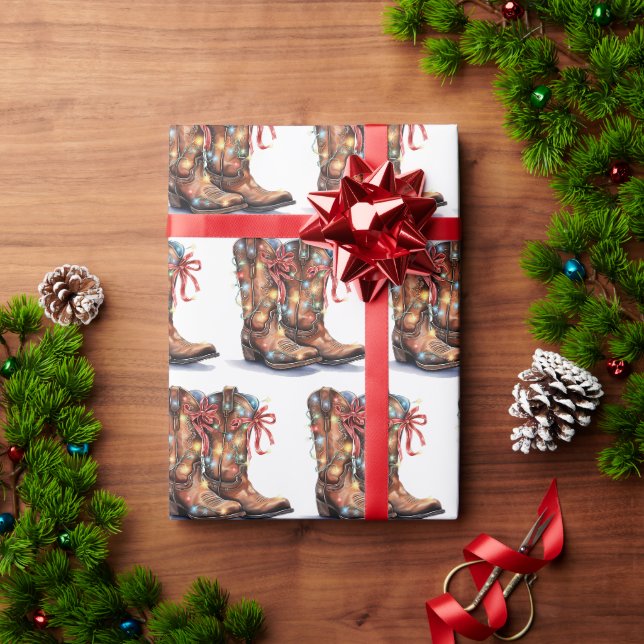 Papier Cadeau Lumières de Noël pour Boot Cowboy Ouest (Cadeau de vacances)