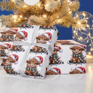 Papier Cadeau Lumières de Noël Vache Highland Chapeau de Père No