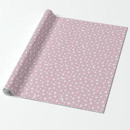 Papier Cadeau Lune blanche et étoiles sur fond rose