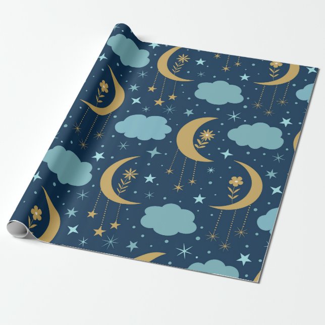 Papier Cadeau Lune d'or avec fleurs et nuages (Déroulé)
