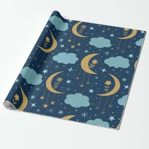Papier Cadeau Lune dorée avec fleurs et nuages 