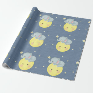 Papier Cadeau Lune et Étoiles avec un éléphant mignon bébé douch
