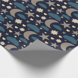 Papier Cadeau Lune Étoiles et Nuages Bleu Marine