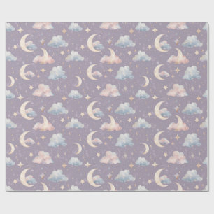 Papier Cadeau Lune Étoiles Nuages Aquarelle Céleste Fantaisiste