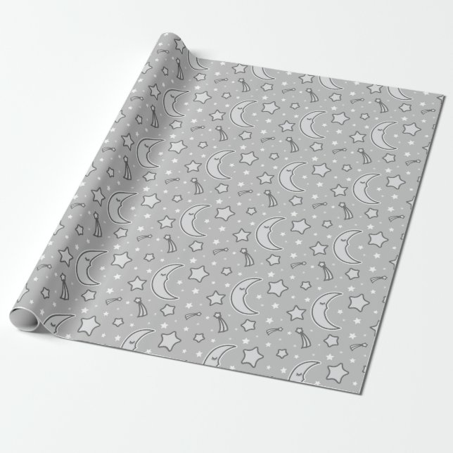 Papier Cadeau Lune somnolente - papier d'emballage gris (Déroulé)
