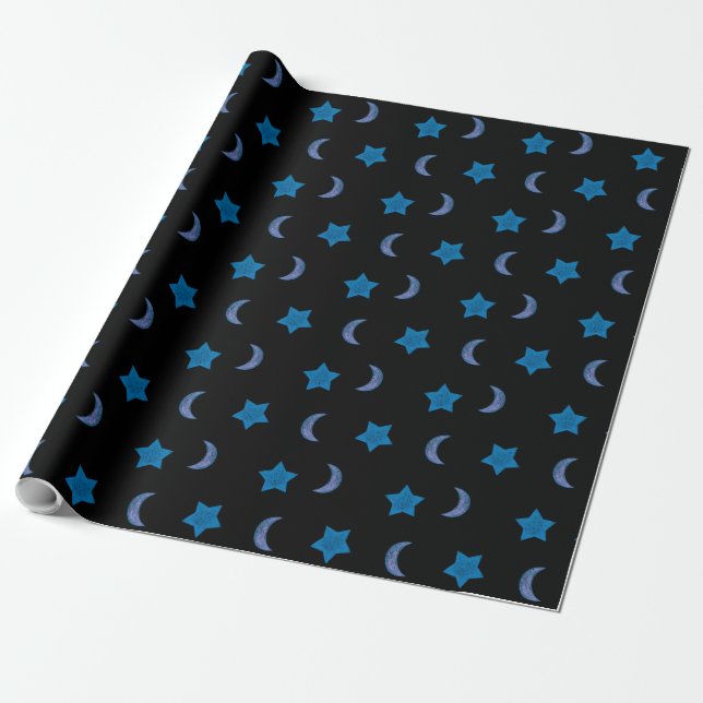 Papier Cadeau Lunes et étoiles bleues et noires (Déroulé)