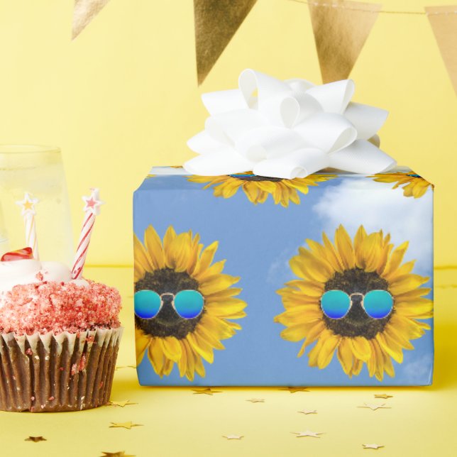 Papier Cadeau Lunettes de soleil rétro sur tournesol (Fête d'anniversaire)