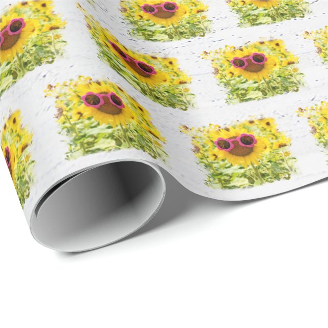 Papier Cadeau Lunettes De Soleil Roses Sur Tournesol (Coin rond)
