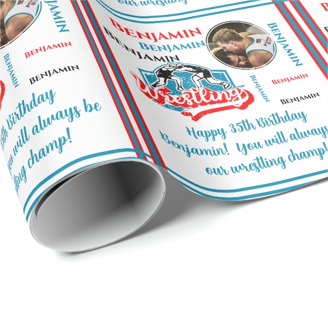 Papier Cadeau Lutte Nom Photo Age Anniversaire (Coin rond)