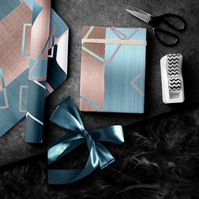 Papier Cadeau Luxe Abstrait | Blush Rose Gold et Turquoise Géomé (Créateur téléchargé)