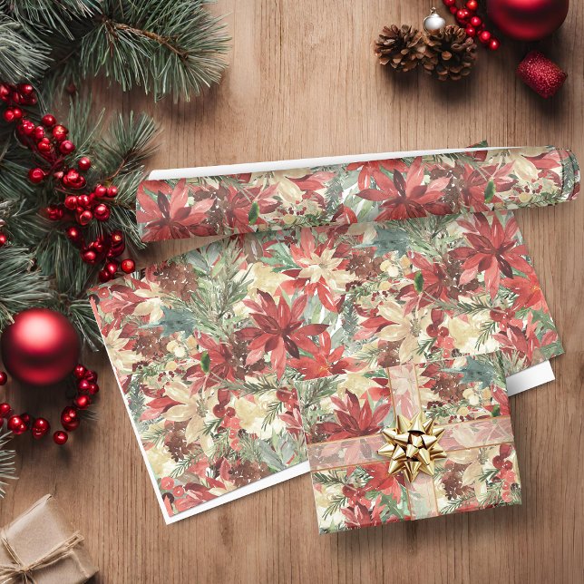 Papier Cadeau Luxe Aquarelle Noël Fleurs de Noël (Luxury Watercolor Christmas Holiday Floral Wrapping Paper)