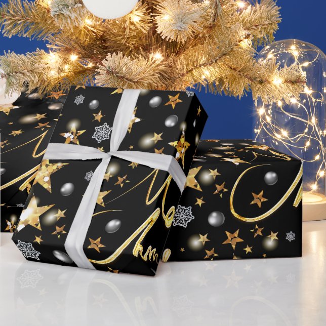 Papier Cadeau Luxe Black & Gold Stars Metallic Mode Noël (Vacances)