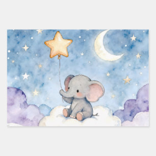 Papier cadeau luxe éléphant rêveur et étoiles