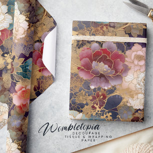 Papier Cadeau Luxe Floral   Pies roses et violettes avec or