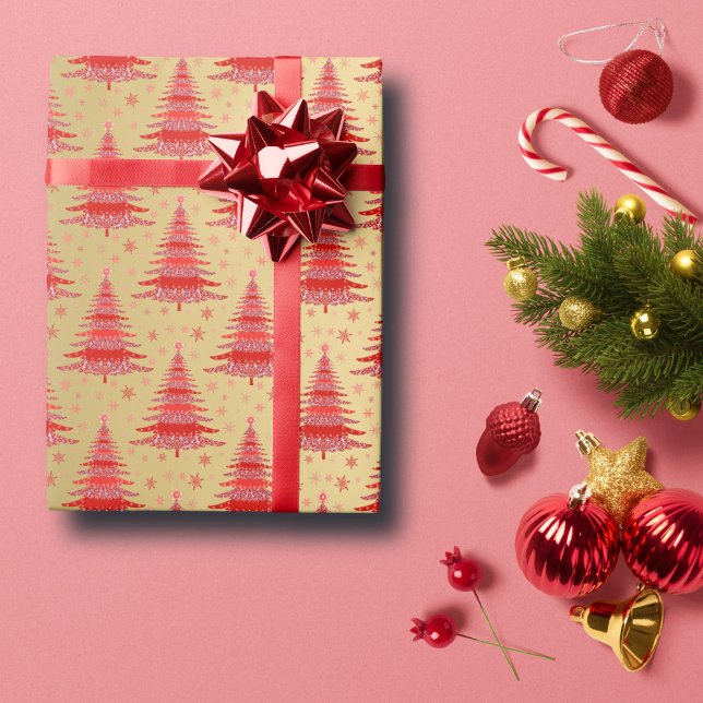 Papier Cadeau Luxe Red Gold Motif sapin de Noël (Créateur téléchargé)