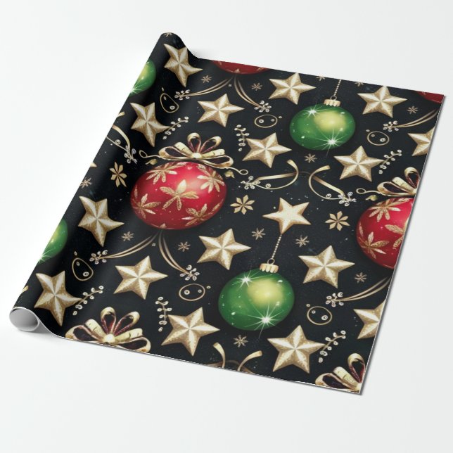 Papier Cadeau Luxueux Baubles de vacances et Accents étoilés (Déroulé)
