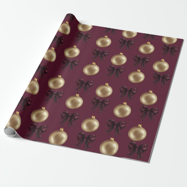 Papier Cadeau Luxury Burgundy & Gold Baubles & Bows (Déroulé)