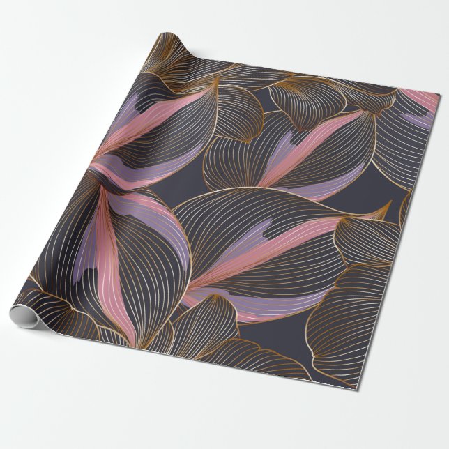 Papier Cadeau Luxury golden seamless floral background with trop (Déroulé)