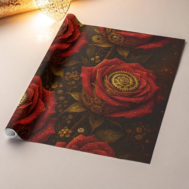 Papier Cadeau Luxury Steampunk Roses Romantic Gold Gears (Créateur téléchargé)