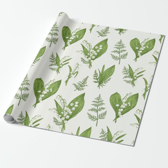 Papier Cadeau Lys de la Vallée Fleurs et Botanique Feuille (Déroulé)