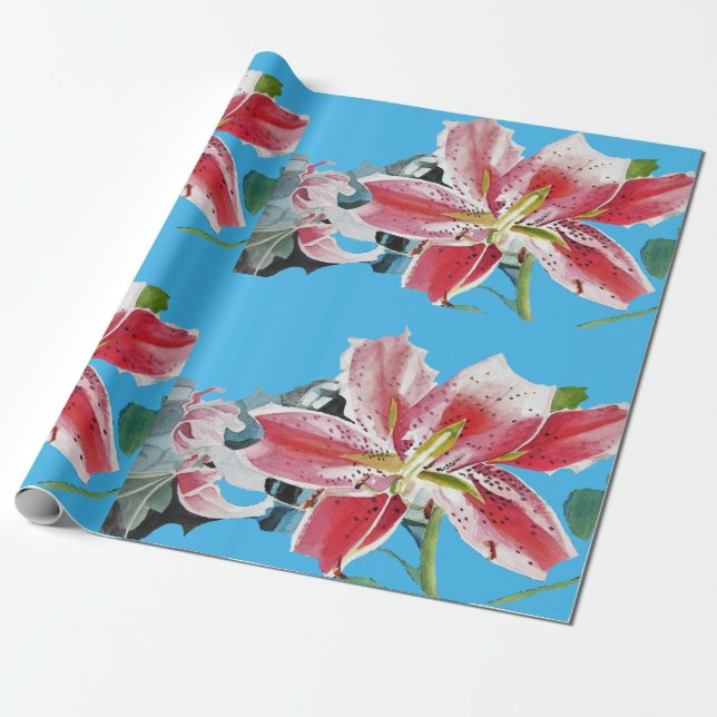 Papier Cadeau Lys floraux rose rouge Aquarelle bleu (Déroulé)
