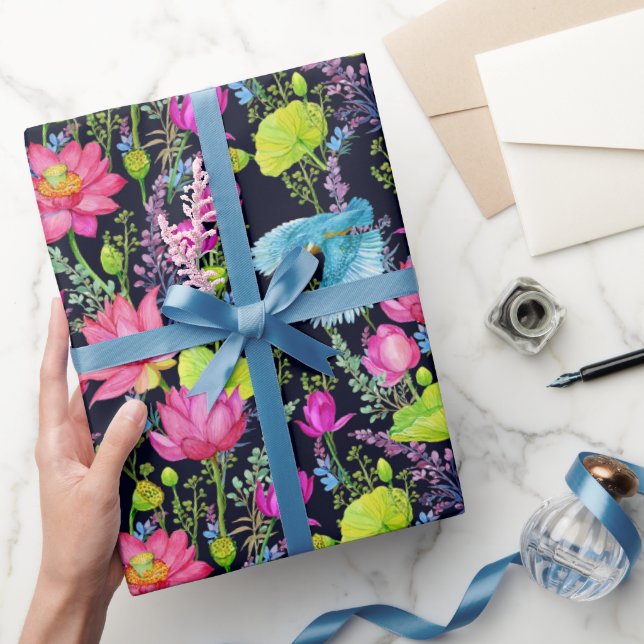Papier Cadeau Lys Roses Et Oiseaux Bleus (Cadeaux)